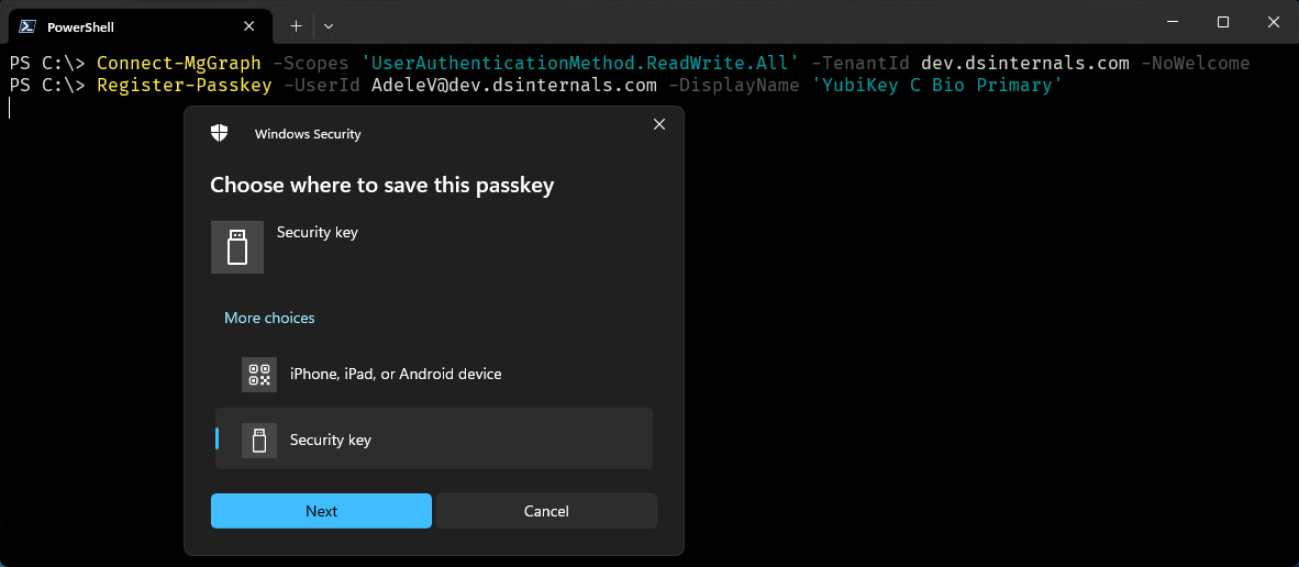 Screenshot of Passkey registration in Entra ID using PowerShell